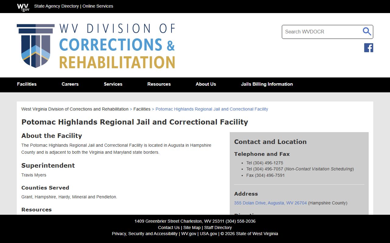 Potomac Highlands Regional Jail facility page for Grant County inmate population