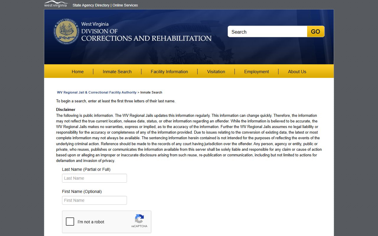 WV Regional Jail offender search fields for Grant County inmate records